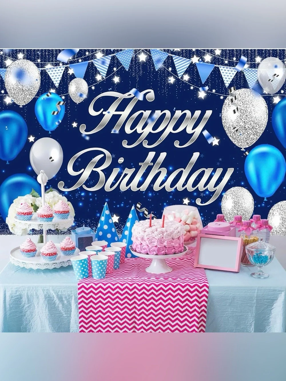 Giant Happy Birthday Banner/ Blue Sliver /Indoor Outdoor 83